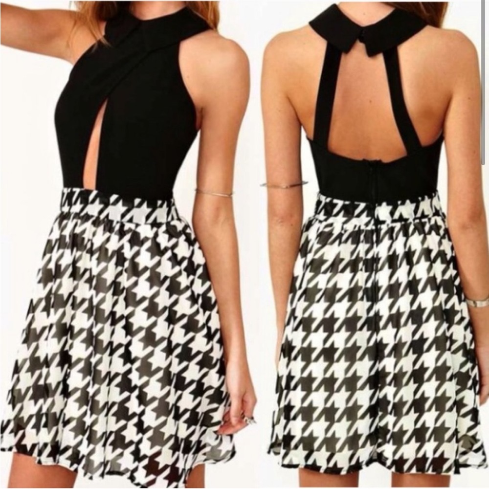 Nasty Gal Cut Out Houndstooth Skater Dress